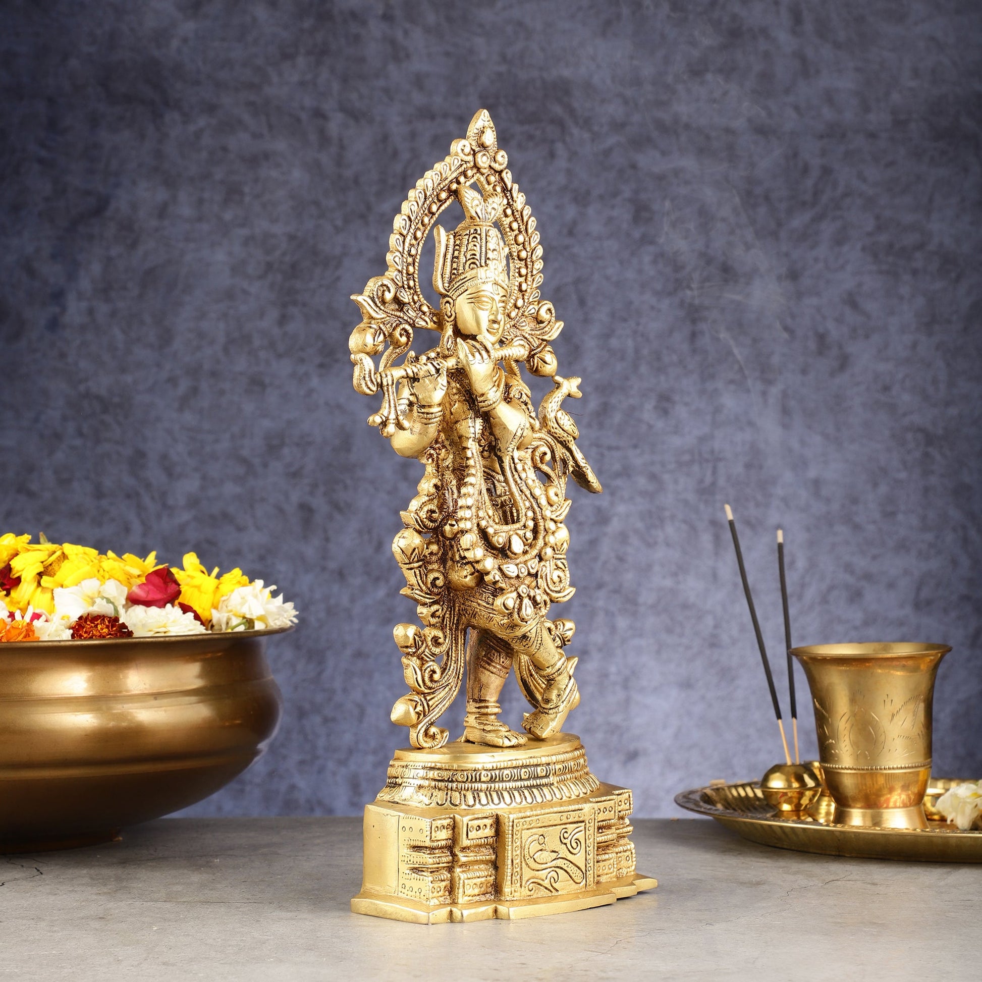 Handcrafted Pure Brass Lord Krishna Statue - 13.5 Inch - Budhshiv.com