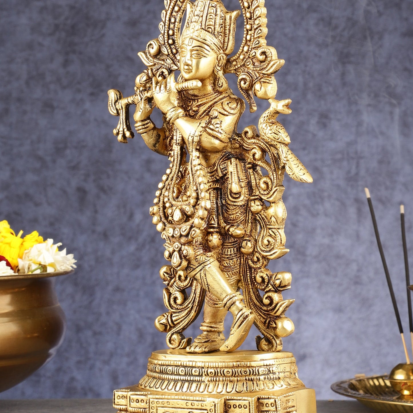 Handcrafted Pure Brass Lord Krishna Statue - 13.5 Inch - Budhshiv.com