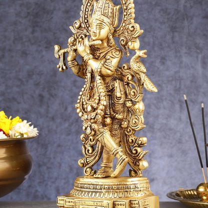 Handcrafted Pure Brass Lord Krishna Statue - 13.5 Inch - Budhshiv.com