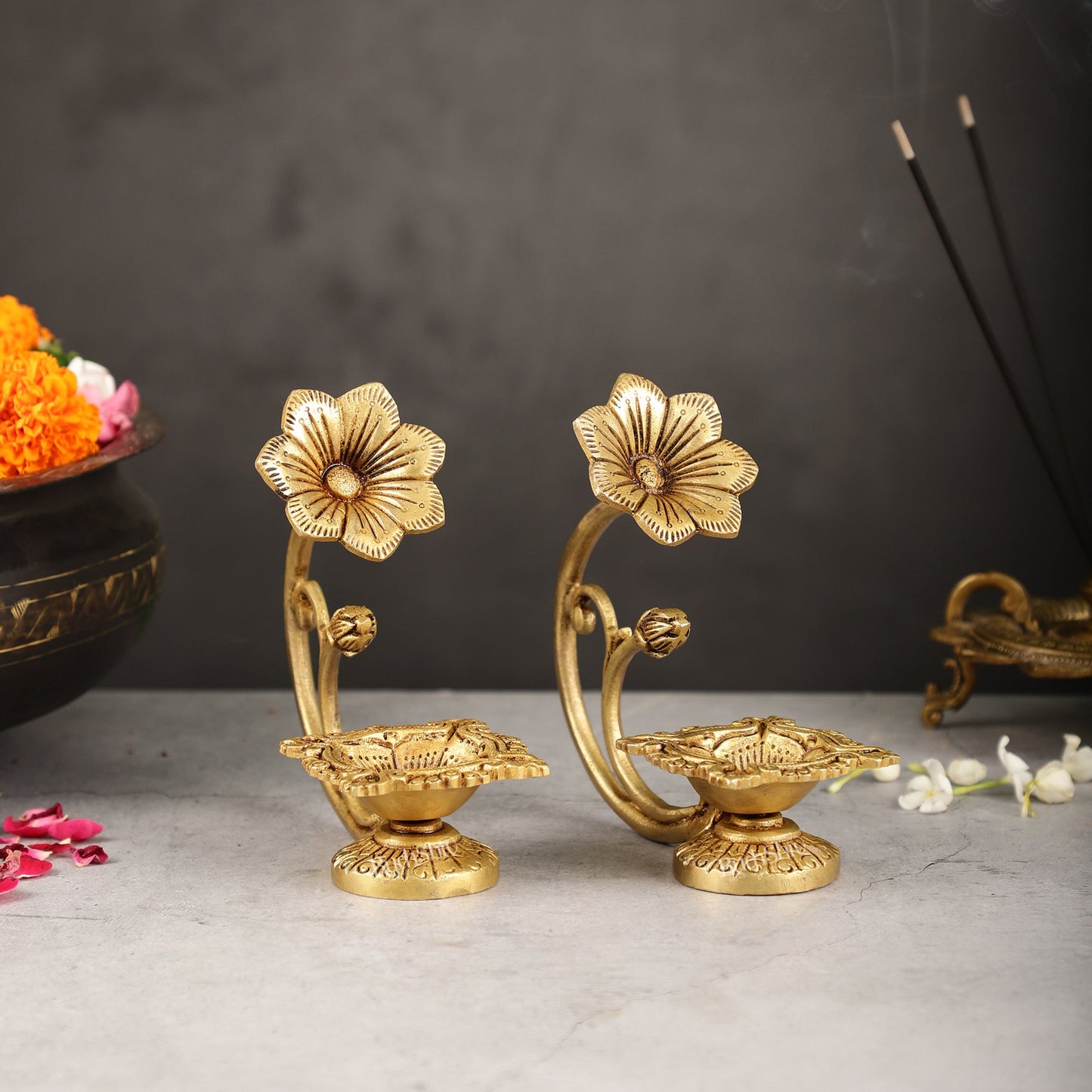 Handcrafted Pure Brass Oil Lamp Diya with Flower Handle - 6 - inch - Budhshiv.com