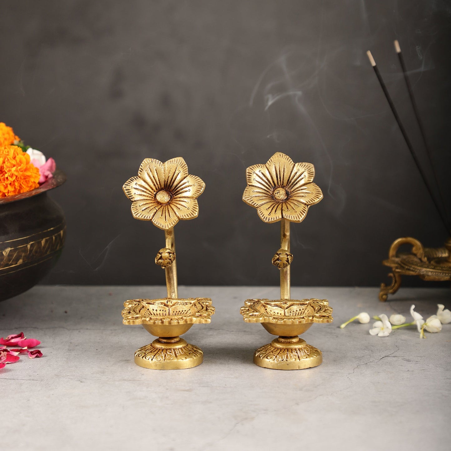 Handcrafted Pure Brass Oil Lamp Diya with Flower Handle - 6 - inch - Budhshiv.com