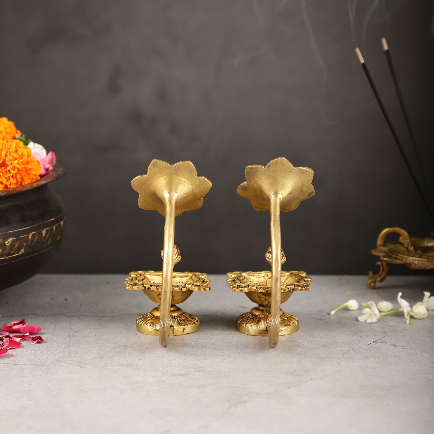 Handcrafted Pure Brass Oil Lamp Diya with Flower Handle - 6 - inch - Budhshiv.com
