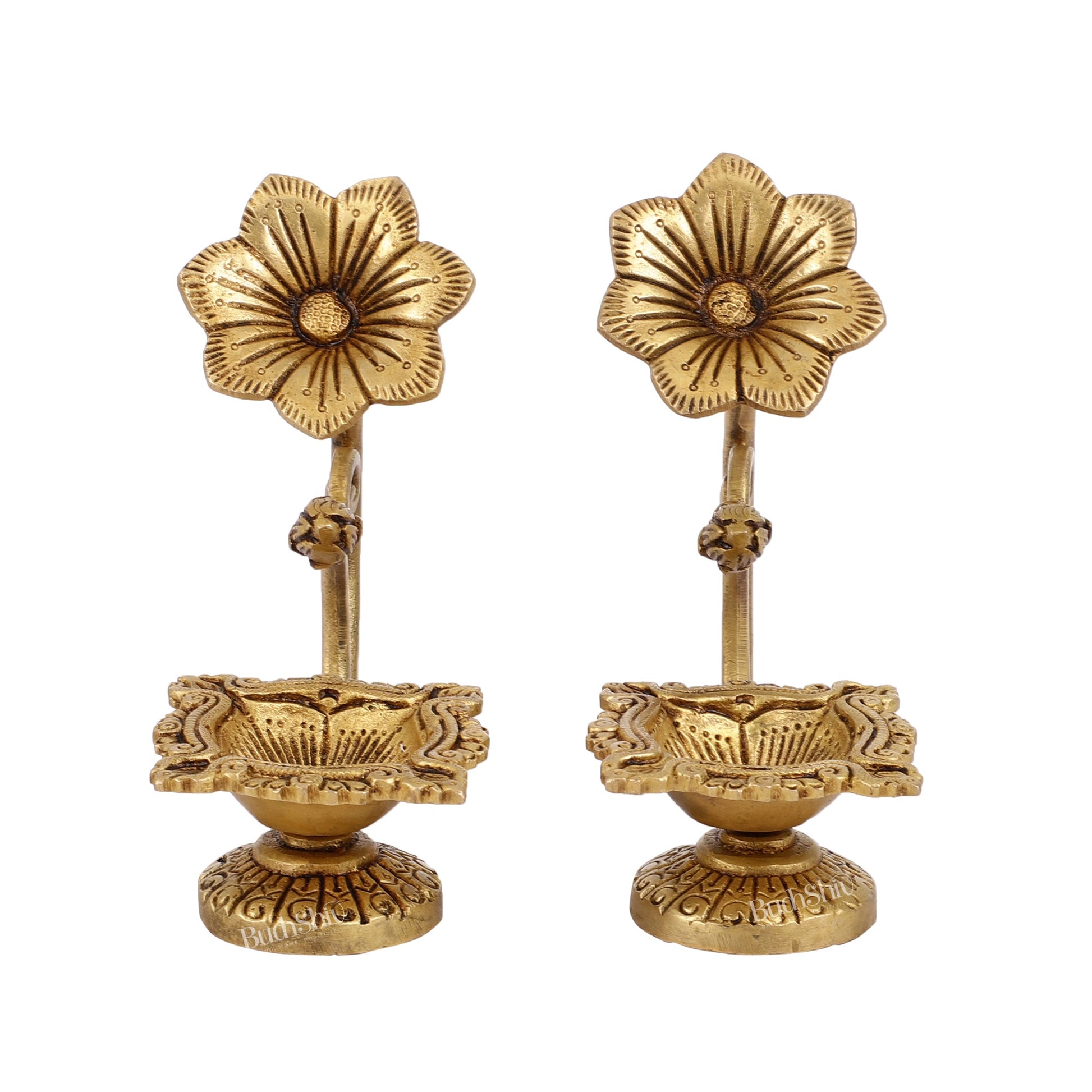 Handcrafted Pure Brass Oil Lamp Diya with Flower Handle - 6 - inch - Budhshiv.com