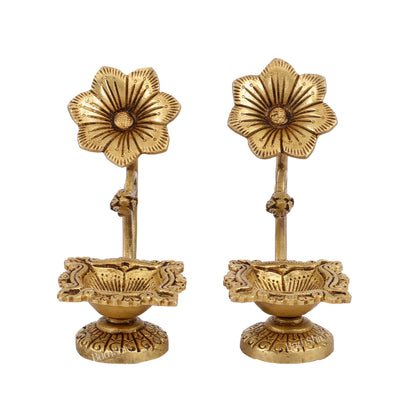 Handcrafted Pure Brass Oil Lamp Diya with Flower Handle - 6 - inch - Budhshiv.com
