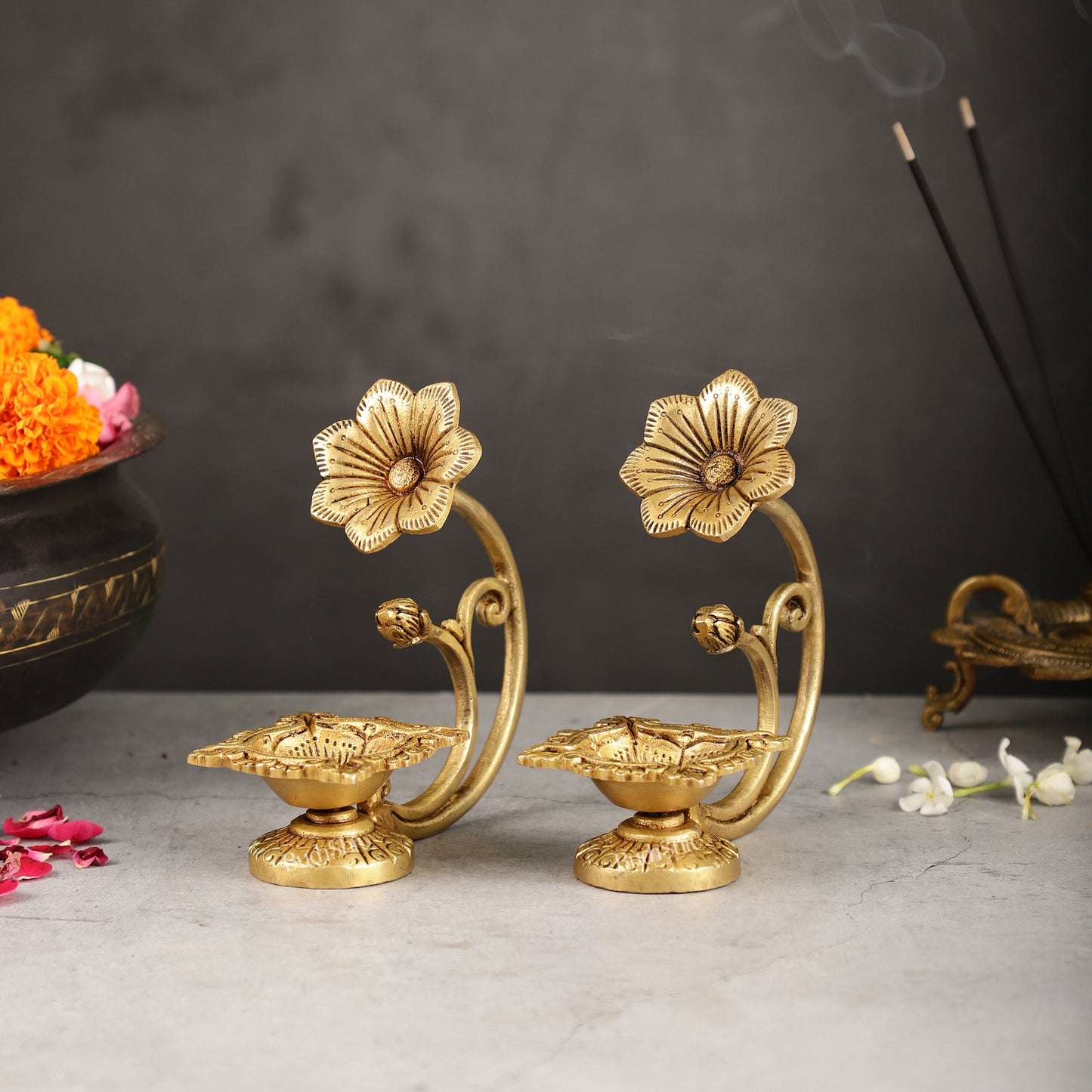 Handcrafted Pure Brass Oil Lamp Diya with Flower Handle - 6 - inch - Budhshiv.com