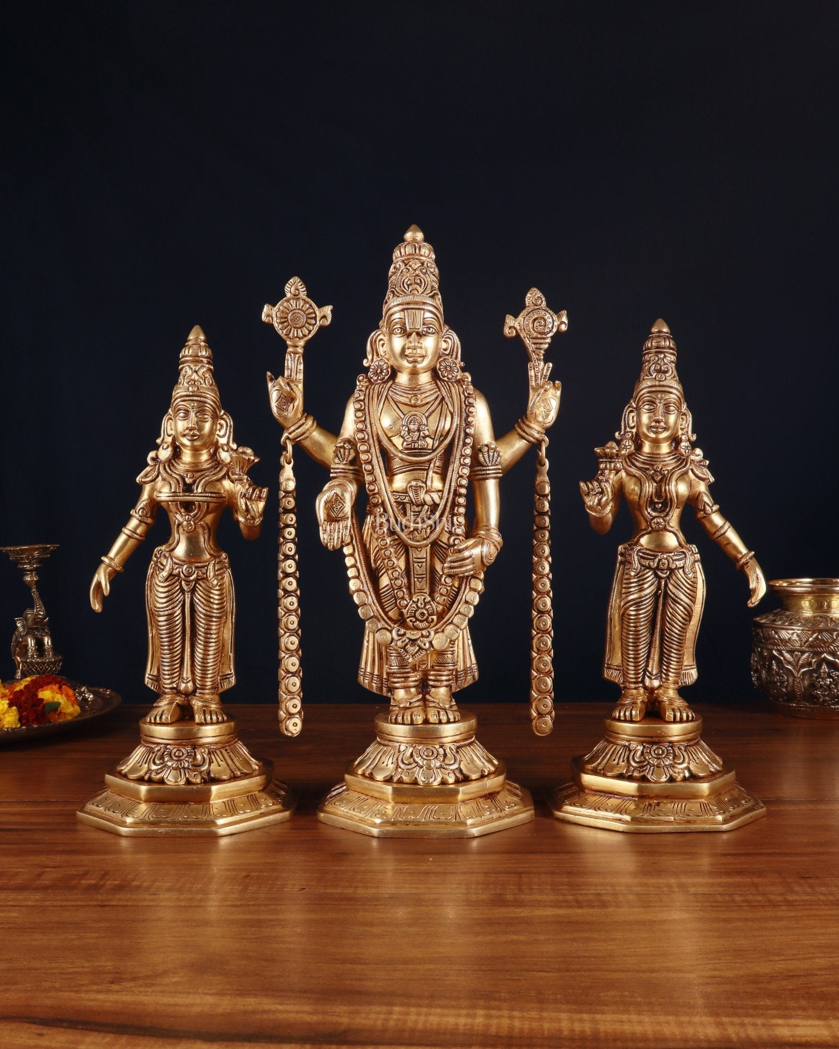 Handcrafted Pure Brass Tirupati Balaji with Bhudevi & Sridevi Idol Set – 14.5 Inch - Budhshiv.com