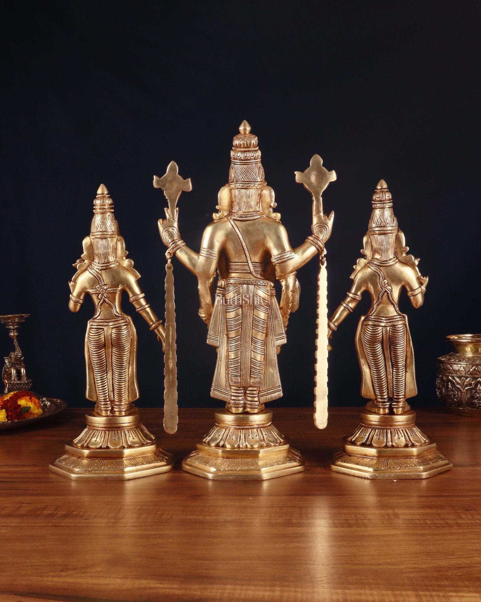Handcrafted Pure Brass Tirupati Balaji with Bhudevi & Sridevi Idol Set – 14.5 Inch - Budhshiv.com