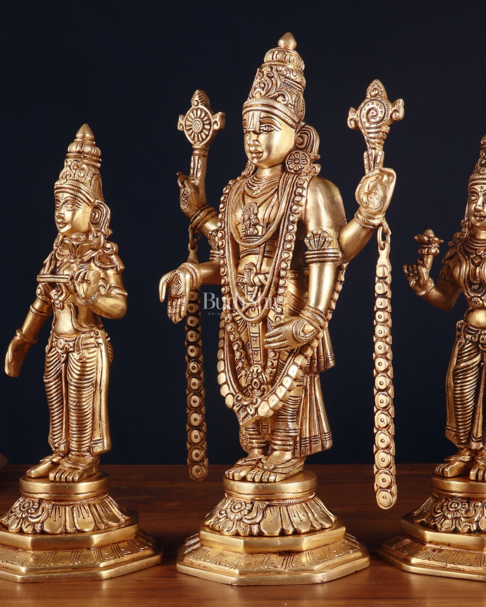 Handcrafted Pure Brass Tirupati Balaji with Bhudevi & Sridevi Idol Set – 14.5 Inch - Budhshiv.com