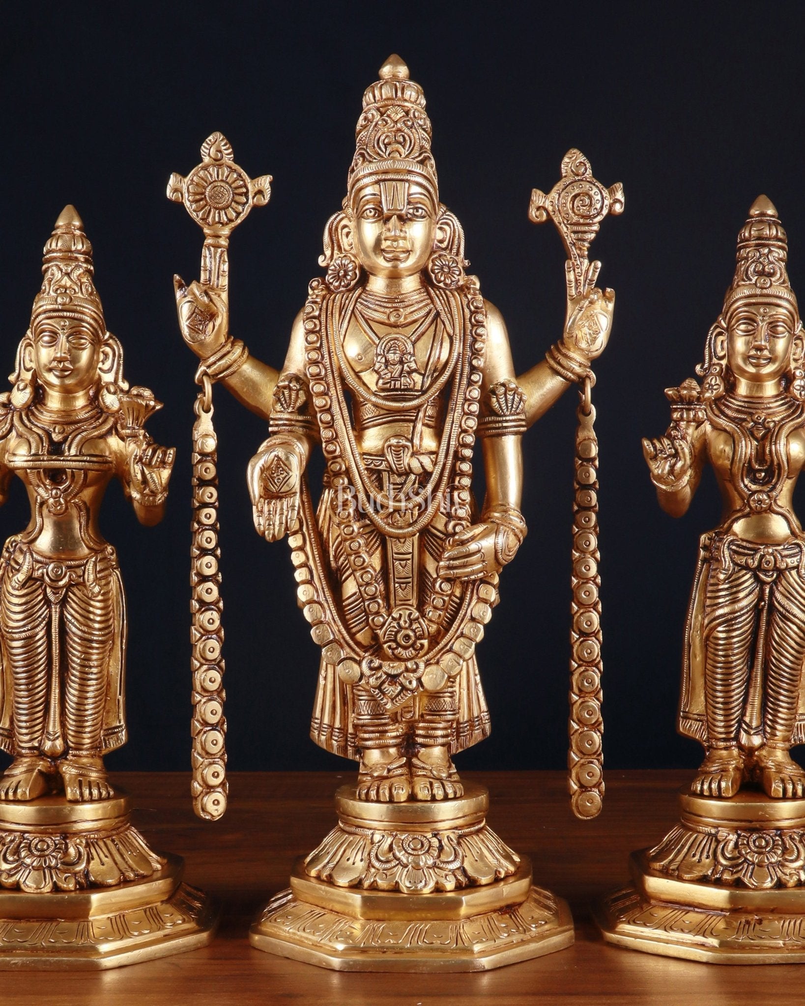 Handcrafted Pure Brass Tirupati Balaji with Bhudevi & Sridevi Idol Set – 14.5 Inch - Budhshiv.com