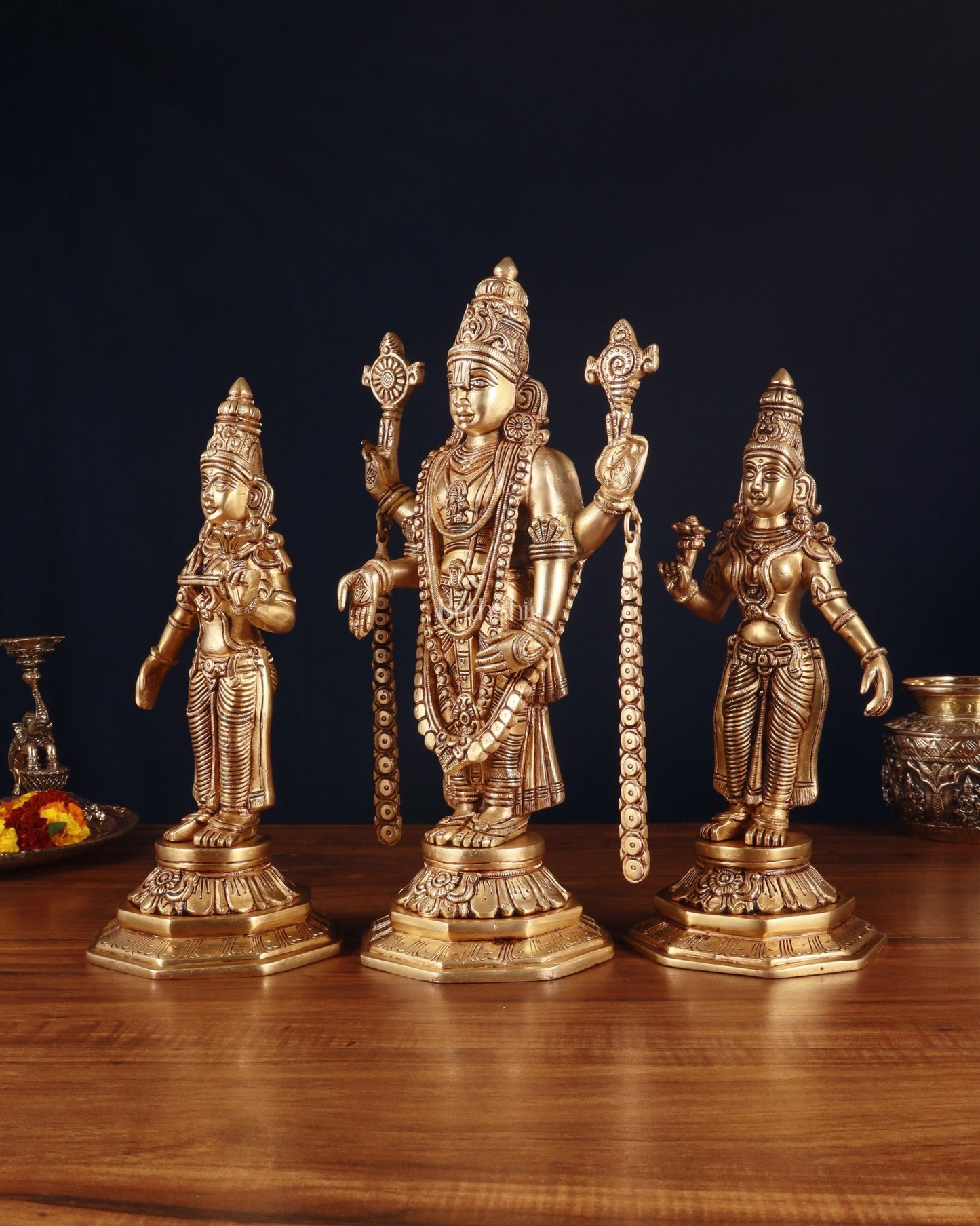 Handcrafted Pure Brass Tirupati Balaji with Bhudevi & Sridevi Idol Set – 14.5 Inch - Budhshiv.com