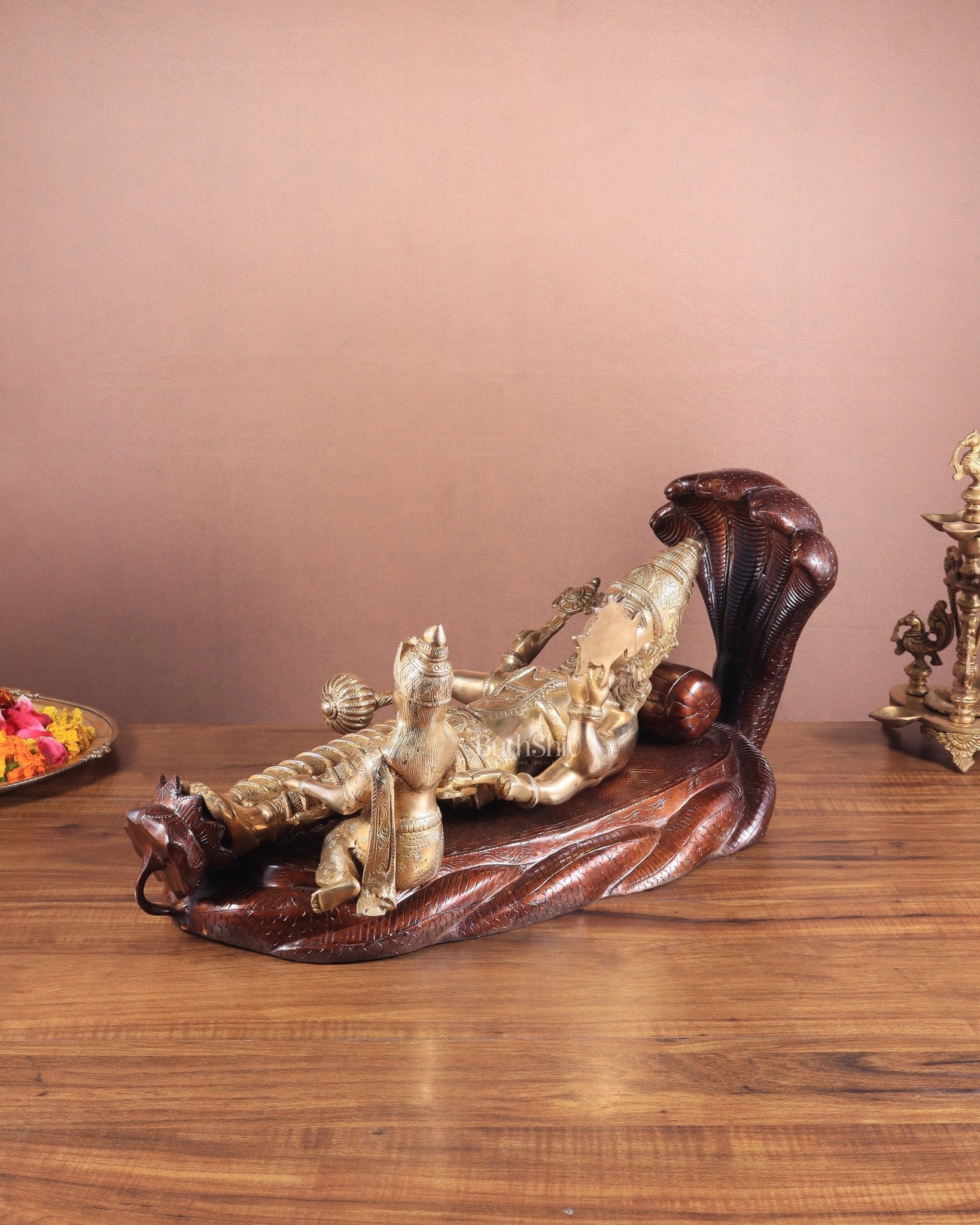 Handcrafted resting Brass Lakshmi Narayana Statue - 23 Inch wide - Budhshiv.com