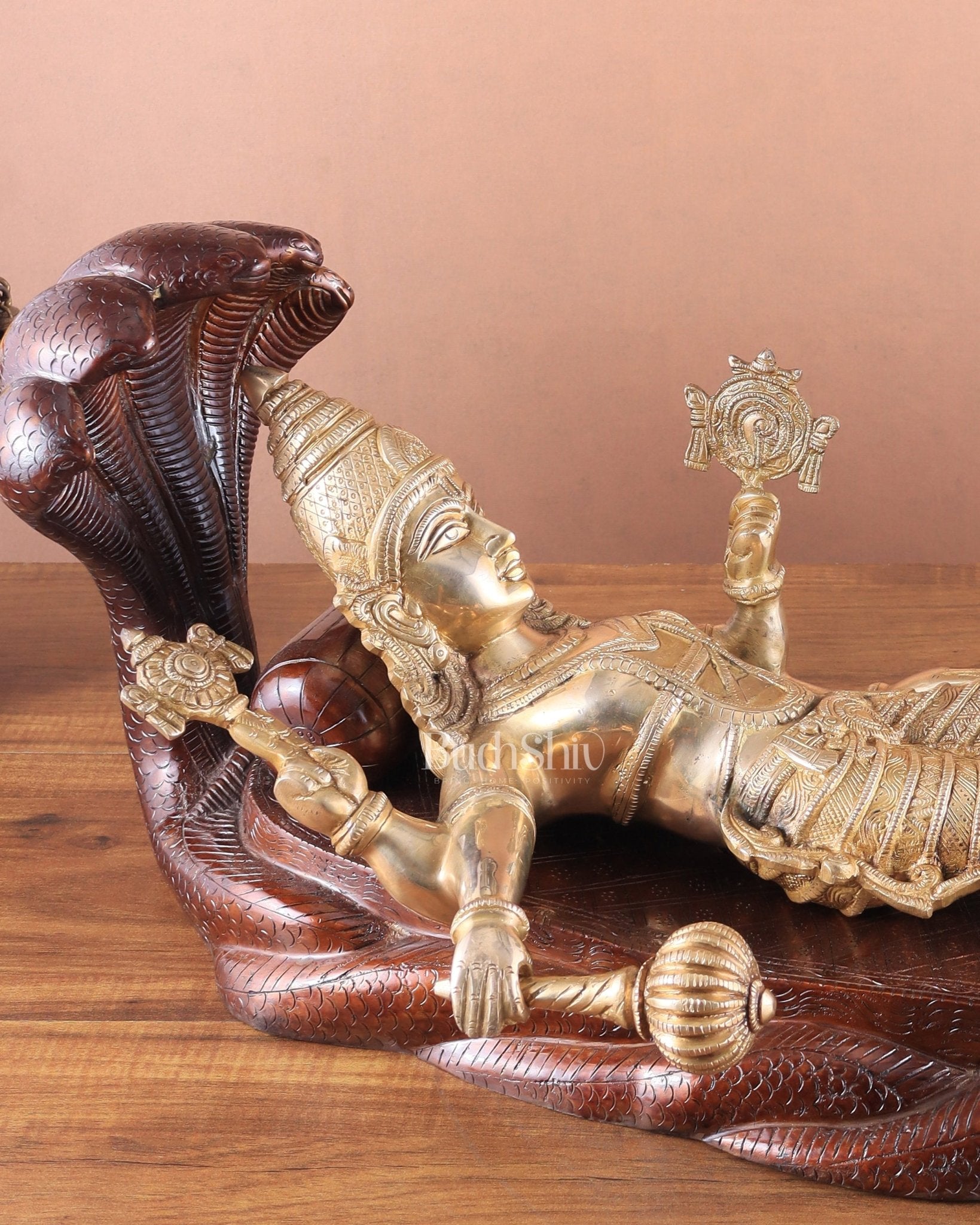 Handcrafted resting Brass Lakshmi Narayana Statue - 23 Inch wide - Budhshiv.com