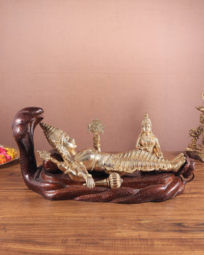 Handcrafted resting Brass Lakshmi Narayana Statue - 23 Inch wide - Budhshiv.com