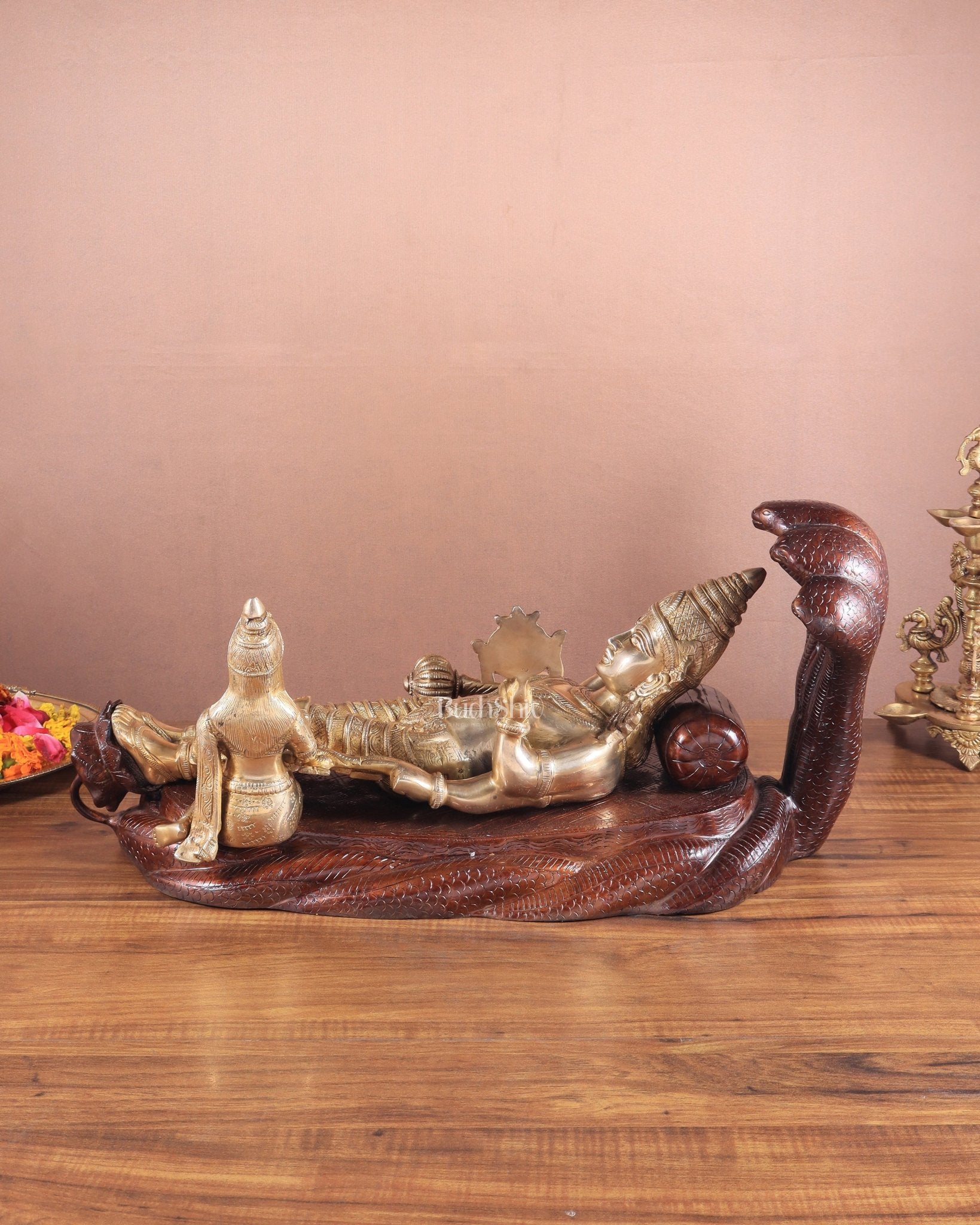 Handcrafted resting Brass Lakshmi Narayana Statue - 23 Inch wide - Budhshiv.com