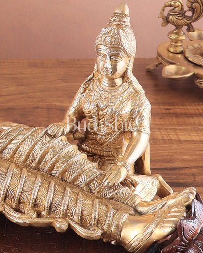 Handcrafted resting Brass Lakshmi Narayana Statue - 23 Inch wide - Budhshiv.com