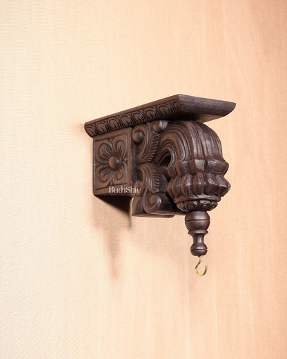 Handcrafted Wooden Antique Wall Bracket with Hook and Shelf 9" - Budhshiv.com