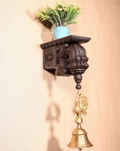 Handcrafted Wooden Antique Wall Bracket with Hook and Shelf 9" - Budhshiv.com