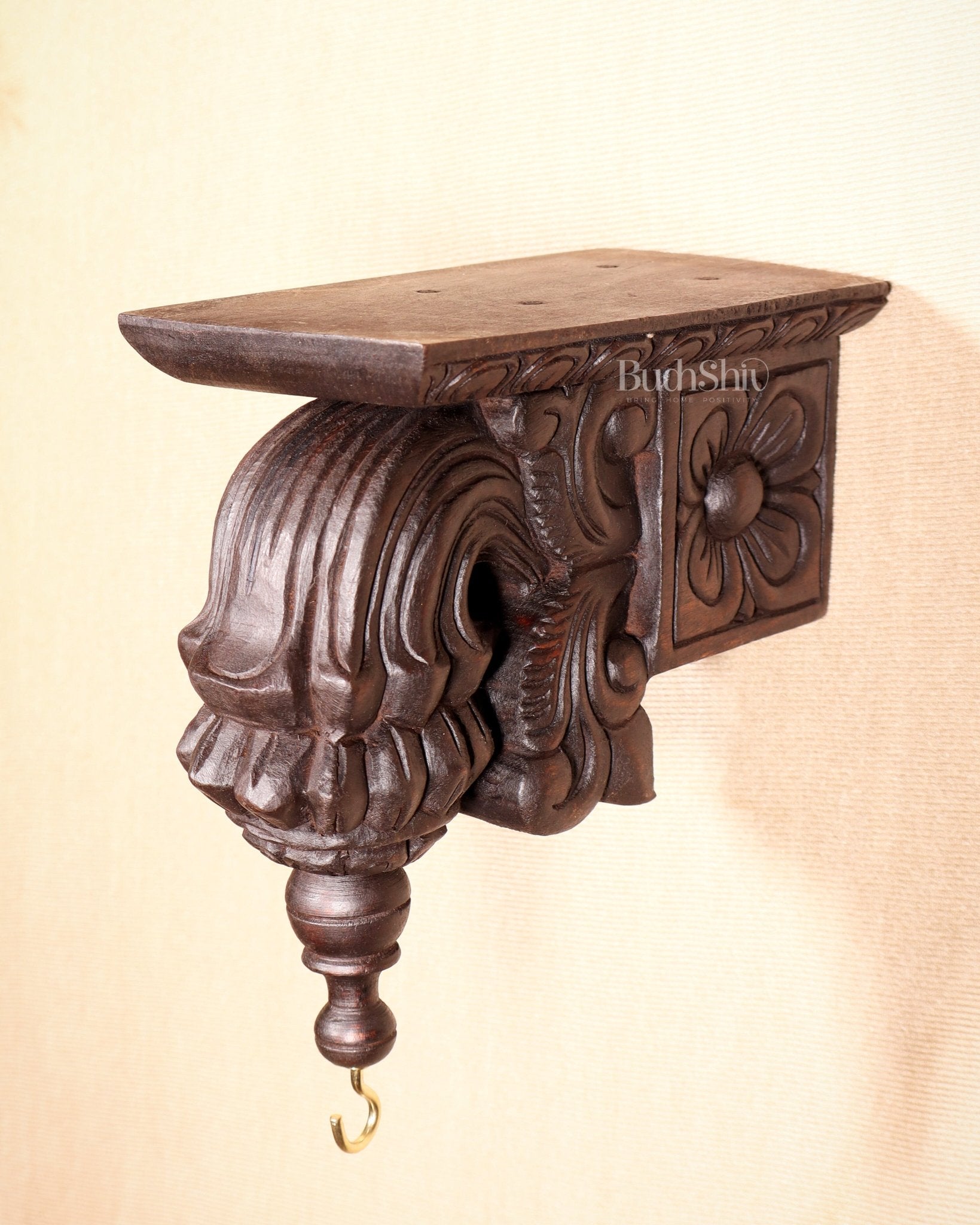 Handcrafted Wooden Antique Wall Bracket with Hook and Shelf 9" - Budhshiv.com
