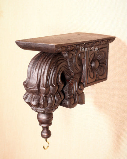 Handcrafted Wooden Antique Wall Bracket with Hook and Shelf 9" - Budhshiv.com