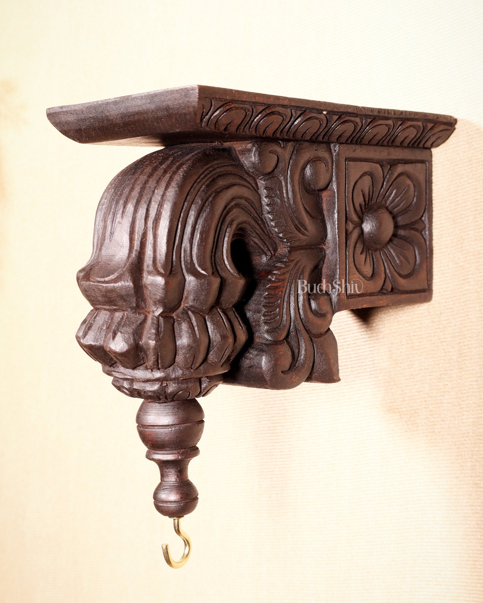 Handcrafted Wooden Antique Wall Bracket with Hook and Shelf 9" - Budhshiv.com