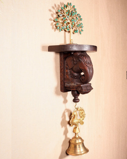 Handcrafted Wooden Elephant Wall Bracket with Shelf & Brass Hook – Traditional Décor 11" - Budhshiv.com