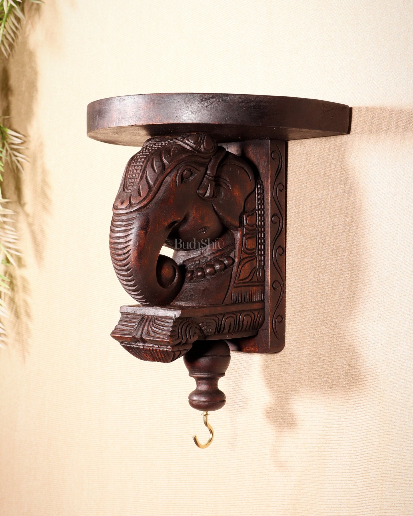Handcrafted Wooden Elephant Wall Bracket with Shelf & Brass Hook – Traditional Décor 11" - Budhshiv.com