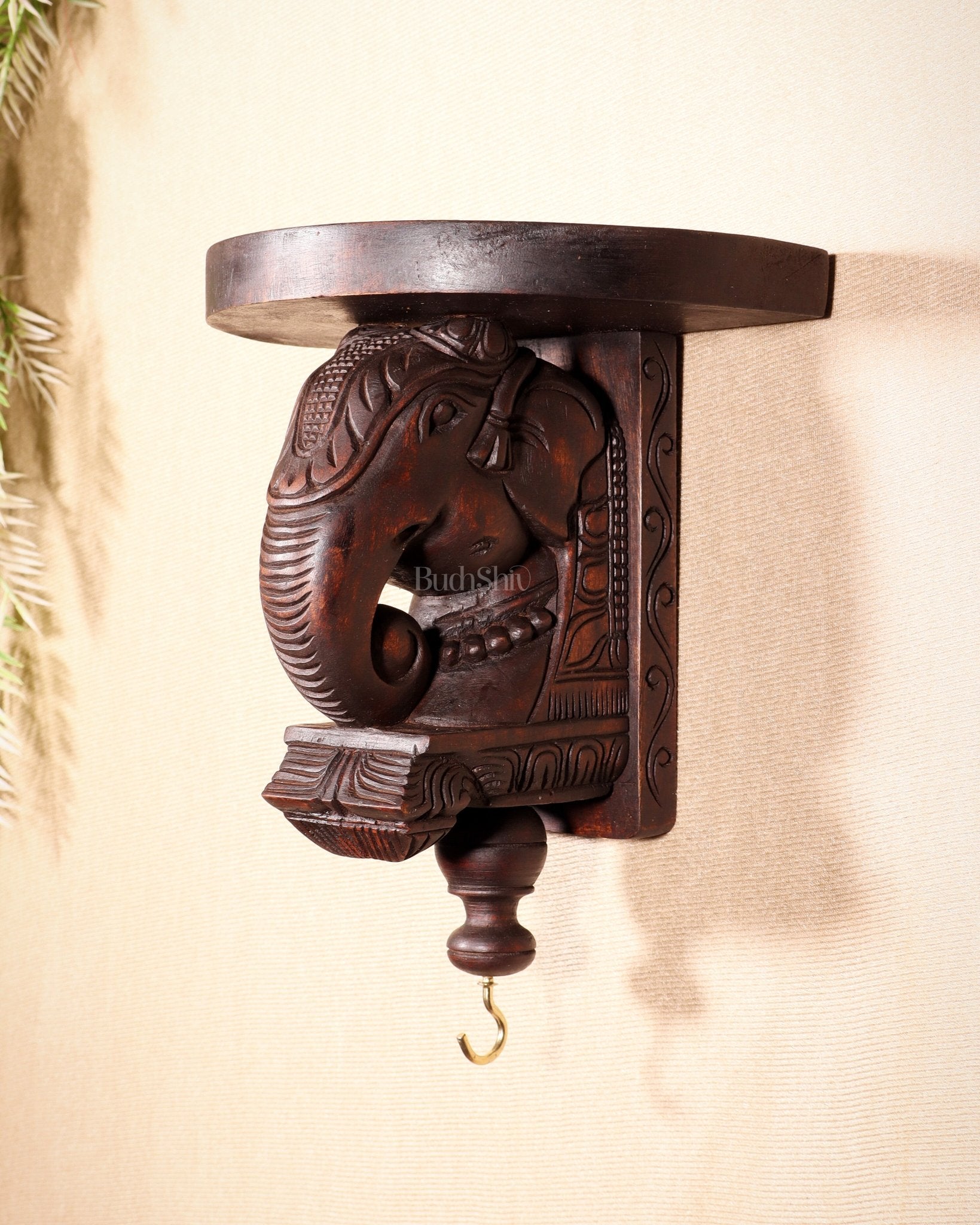 Handcrafted Wooden Elephant Wall Bracket with Shelf & Brass Hook – Traditional Décor 11" - Budhshiv.com