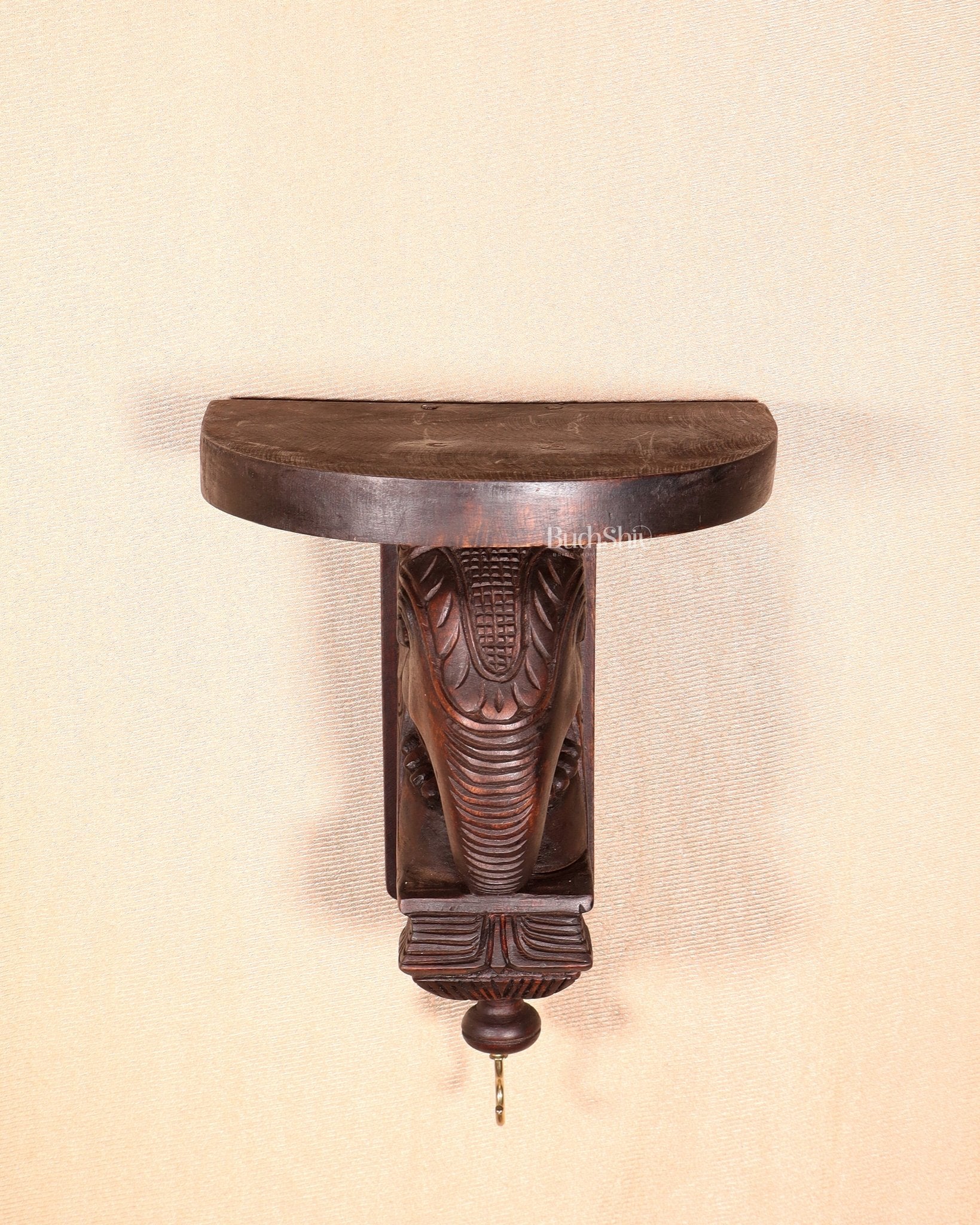 Handcrafted Wooden Elephant Wall Bracket with Shelf & Brass Hook – Traditional Décor 11" - Budhshiv.com
