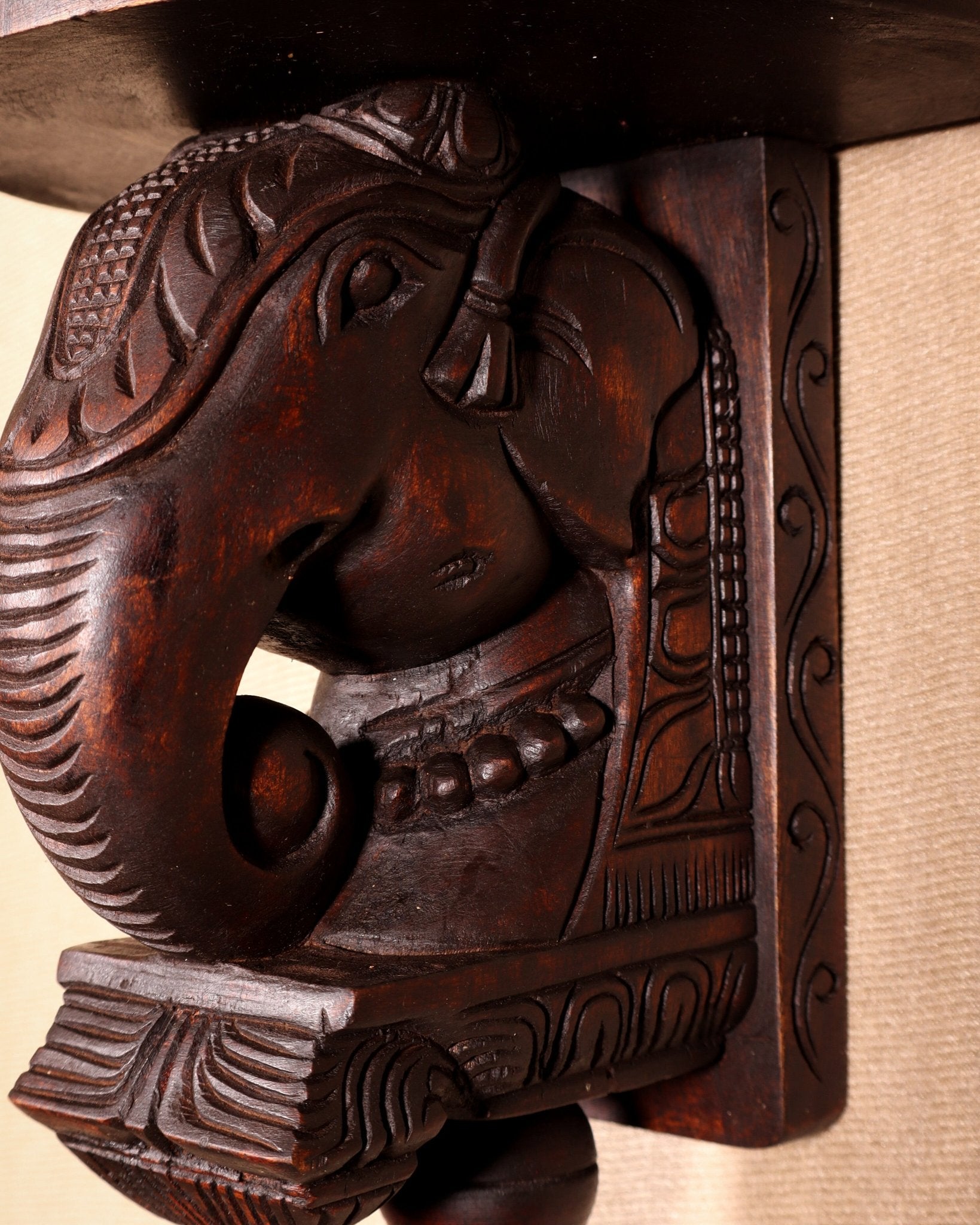 Handcrafted Wooden Elephant Wall Bracket with Shelf & Brass Hook – Traditional Décor 11" - Budhshiv.com