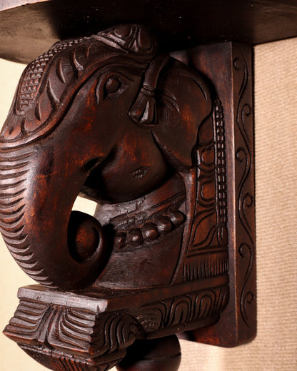 Handcrafted Wooden Elephant Wall Bracket with Shelf & Brass Hook – Traditional Décor 11" - Budhshiv.com