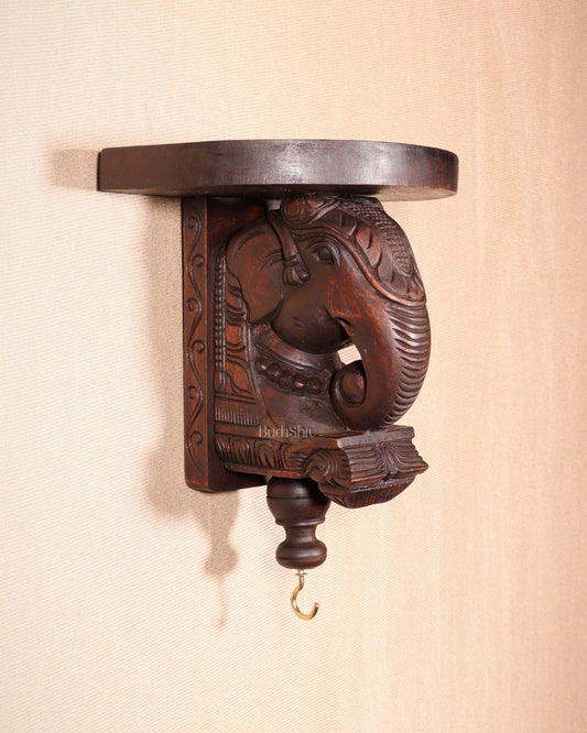 Handcrafted Wooden Elephant Wall Bracket with Shelf & Brass Hook – Traditional Décor 11" - Budhshiv.com