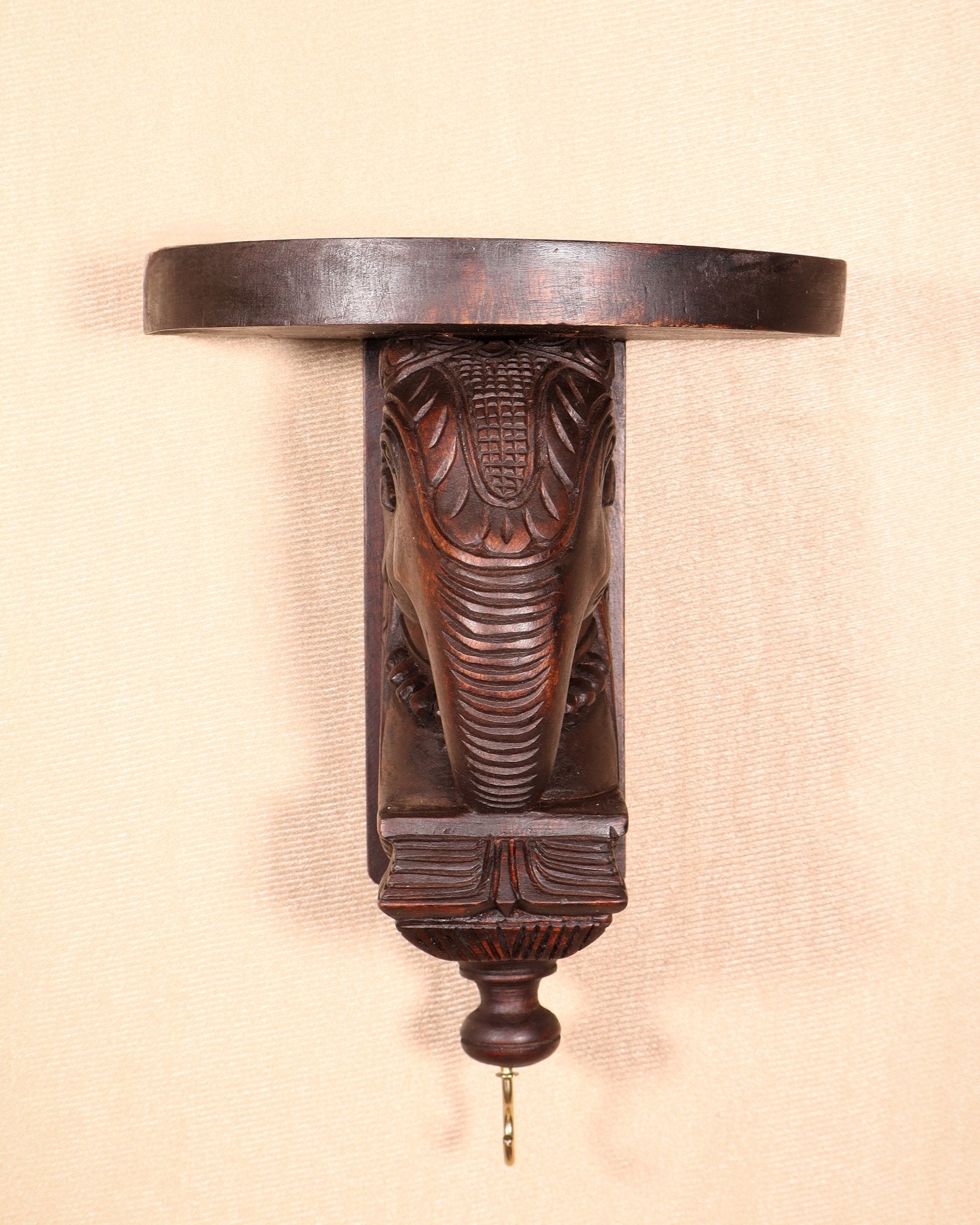 Handcrafted Wooden Elephant Wall Bracket with Shelf & Brass Hook – Traditional Décor 11" - Budhshiv.com