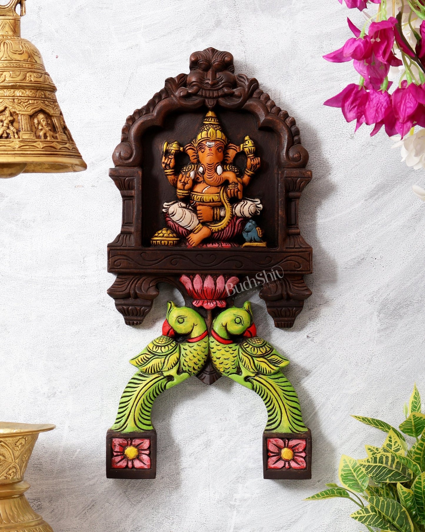 Handcrafted Wooden Ganesha with Twin Parrots Wall Panel – 18 Inches - Budhshiv.com