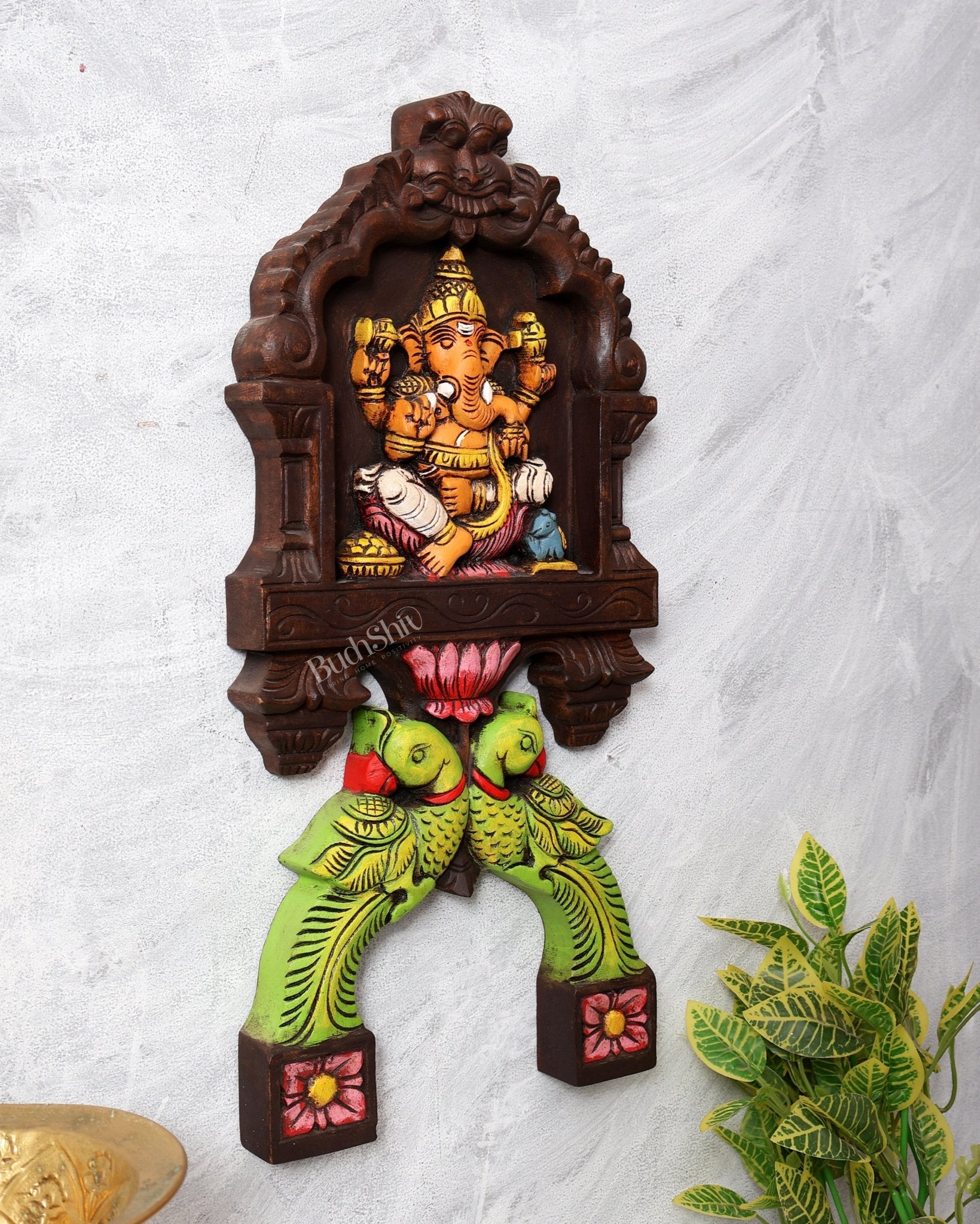 Handcrafted Wooden Ganesha with Twin Parrots Wall Panel – 18 Inches - Budhshiv.com
