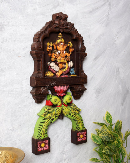 Handcrafted Wooden Ganesha with Twin Parrots Wall Panel – 18 Inches - Budhshiv.com