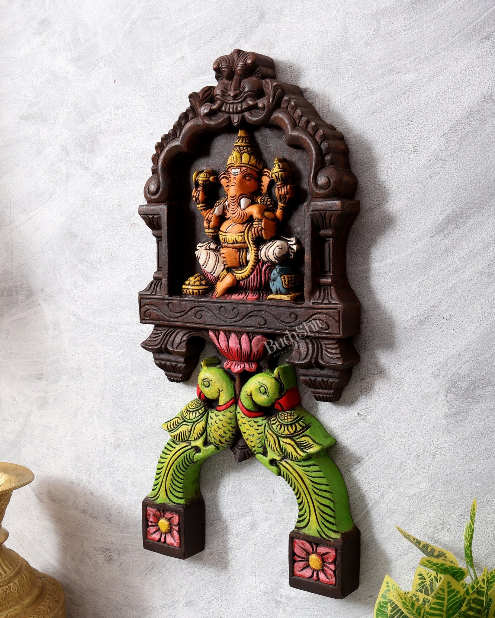 Handcrafted Wooden Ganesha with Twin Parrots Wall Panel – 18 Inches - Budhshiv.com