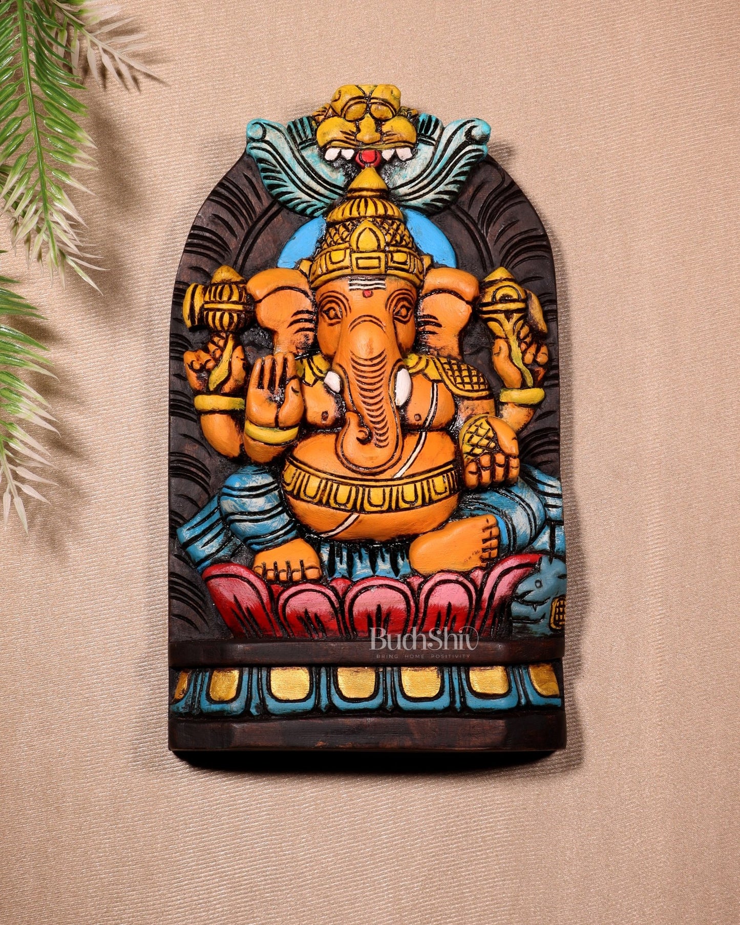 Handcrafted Wooden Lord Ganesha Wall Hanging – Hand - Painted 12" - Budhshiv.com
