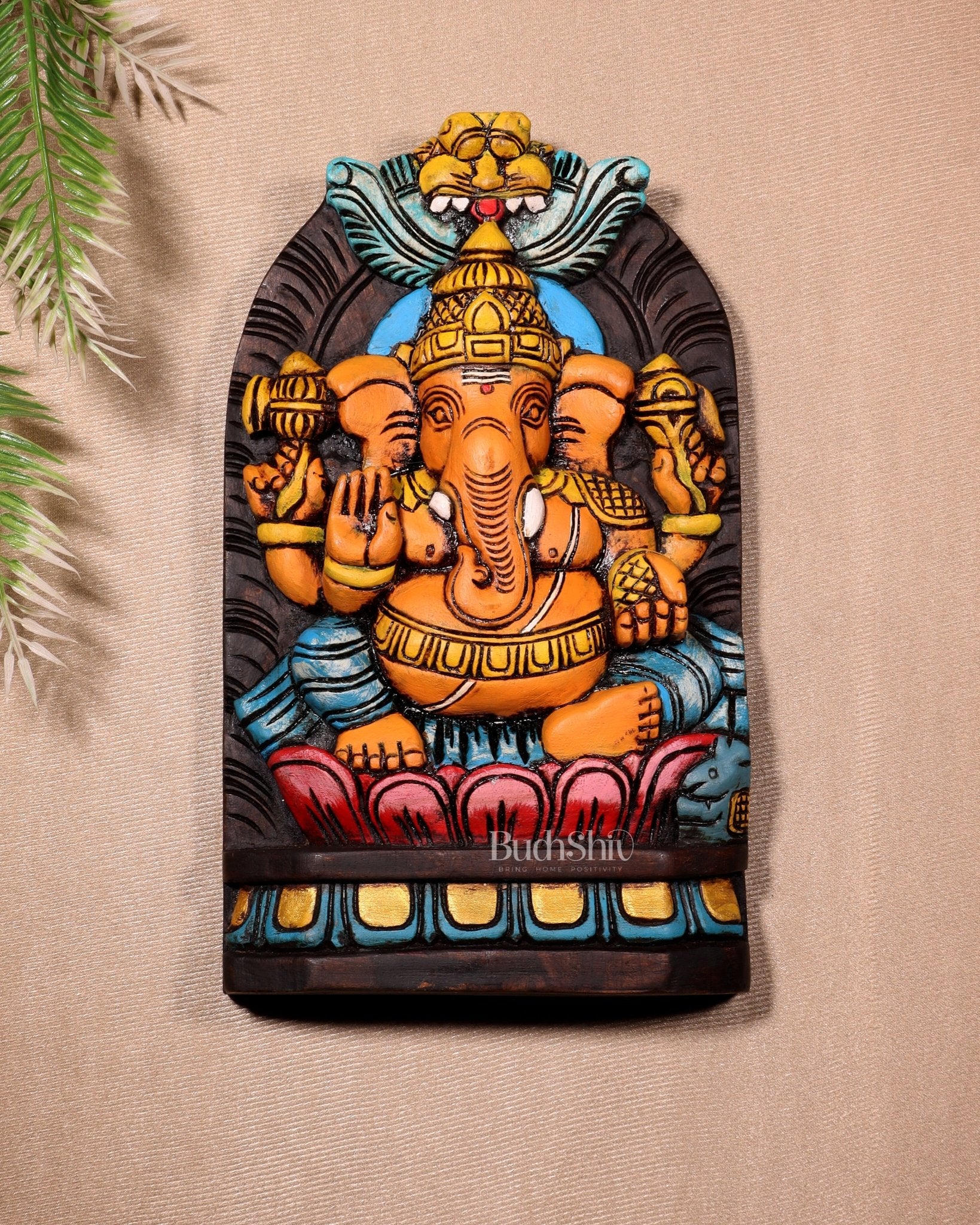 Handcrafted Wooden Lord Ganesha Wall Hanging – Hand - Painted 12" - Budhshiv.com
