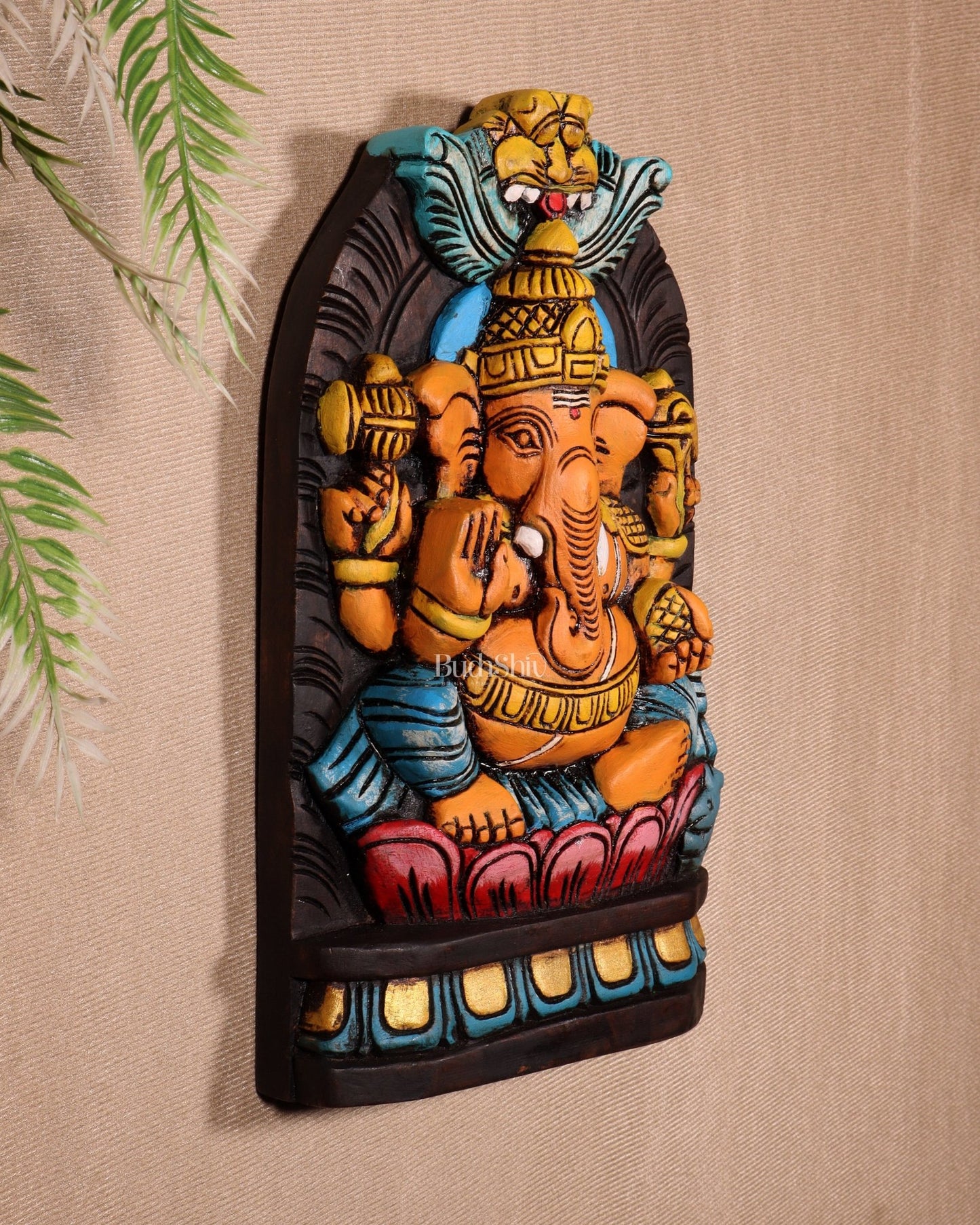 Handcrafted Wooden Lord Ganesha Wall Hanging – Hand - Painted 12" - Budhshiv.com