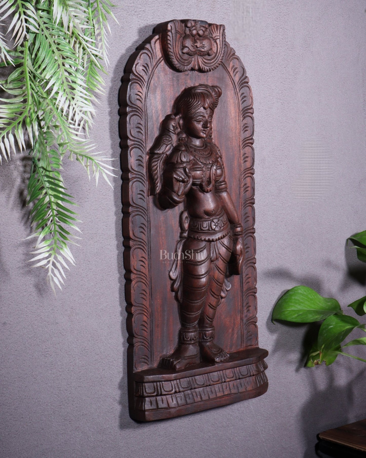 Handcrafted Wooden Meenakshi Amman Wall Hanging – 18 Inch - Budhshiv.com