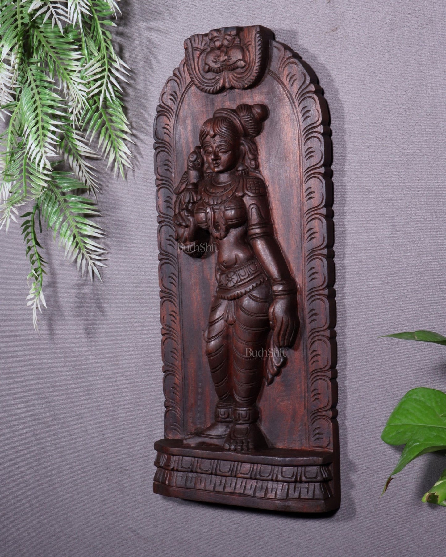 Handcrafted Wooden Meenakshi Amman Wall Hanging – 18 Inch - Budhshiv.com