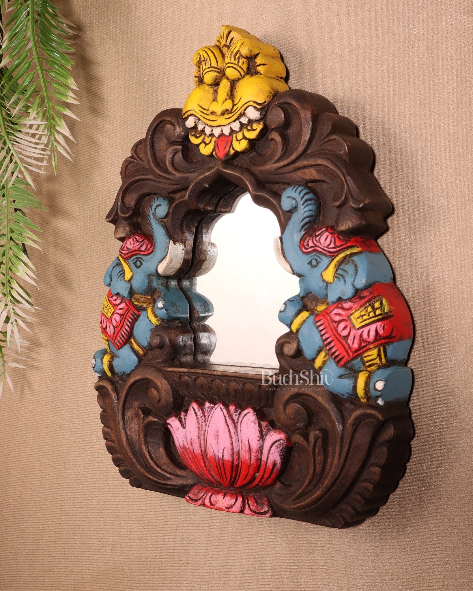 Handcrafted Wooden Twin Elephant & Kirtimukha Wall Bracket with Mirror 12" - Budhshiv.com