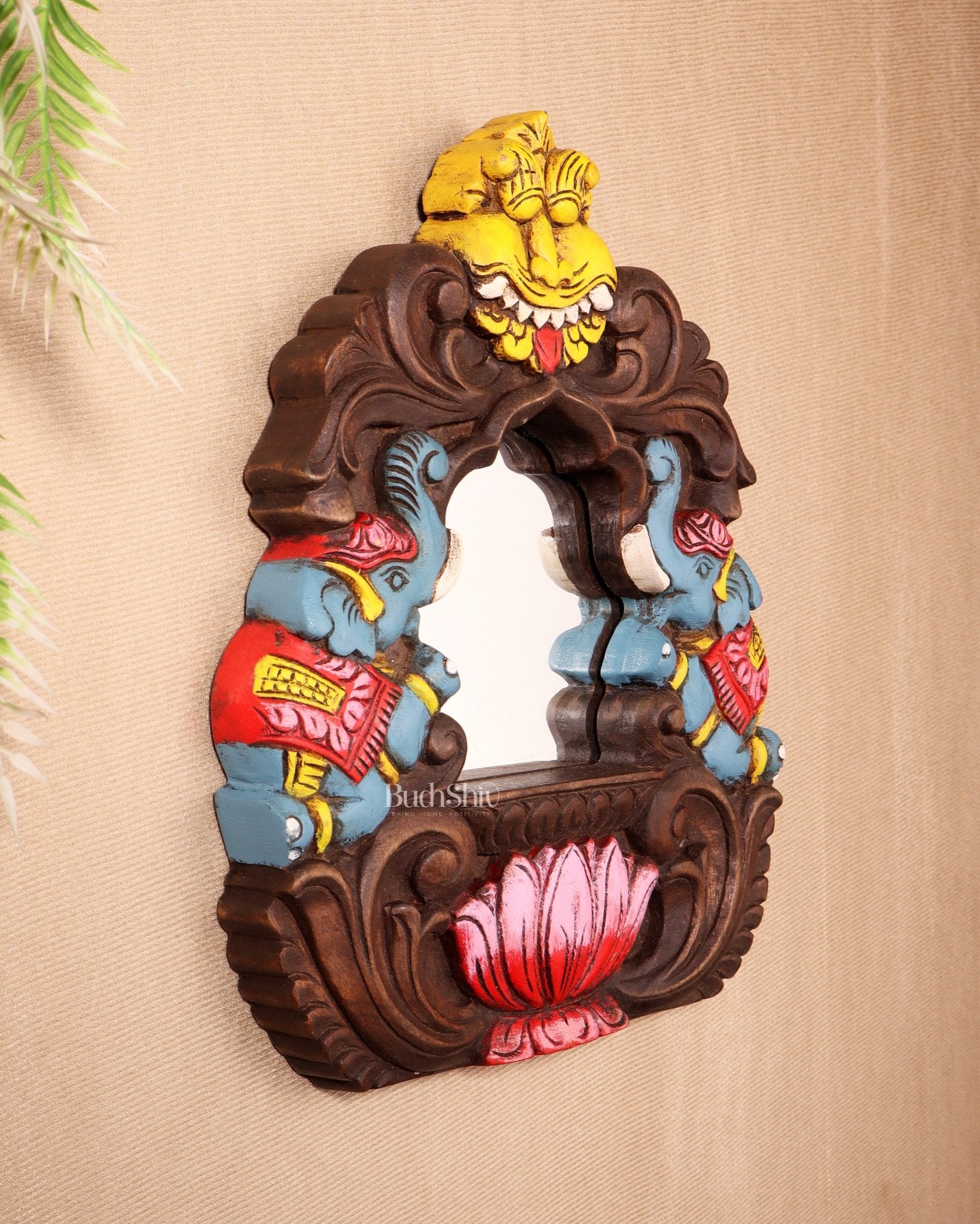 Handcrafted Wooden Twin Elephant & Kirtimukha Wall Bracket with Mirror 12" - Budhshiv.com