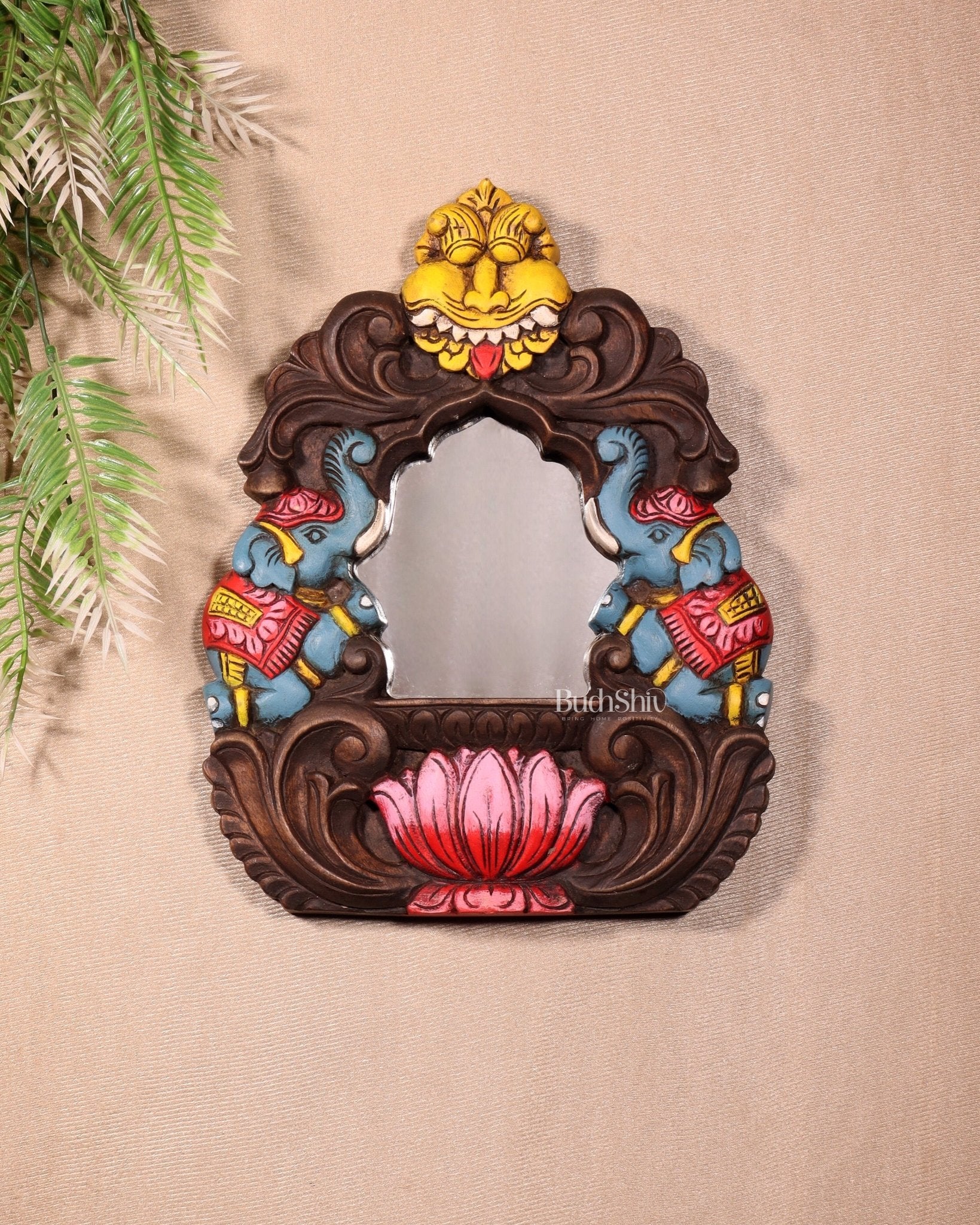 Handcrafted Wooden Twin Elephant & Kirtimukha Wall Bracket with Mirror 12" - Budhshiv.com