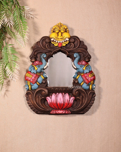 Handcrafted Wooden Twin Elephant & Kirtimukha Wall Bracket with Mirror 12" - Budhshiv.com