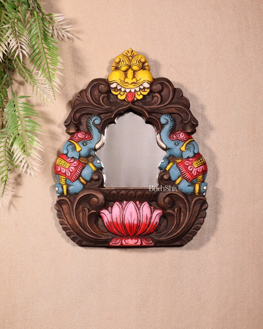 Handcrafted Wooden Twin Elephant & Kirtimukha Wall Bracket with Mirror 12" - Budhshiv.com