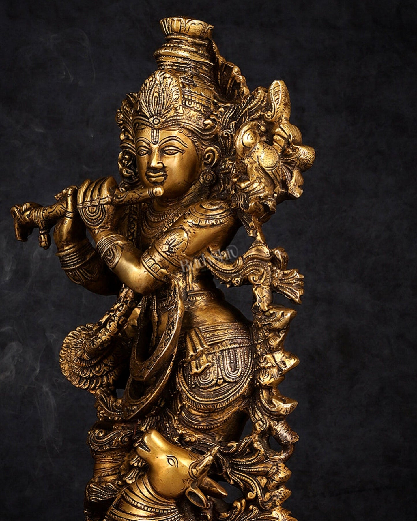 Handmade Brass Lord Krishna with Jumping Cow Statue - 18" - Budhshiv.com