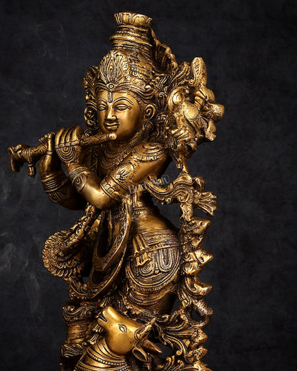 Handmade Brass Lord Krishna with Jumping Cow Statue - 18" - Budhshiv.com