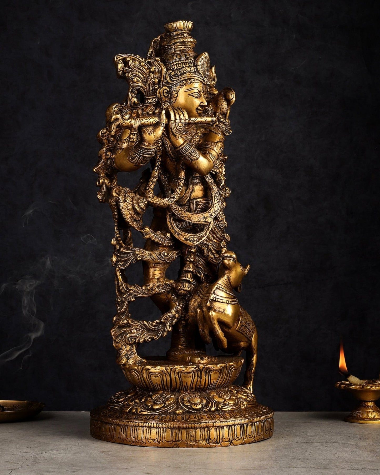Handmade Brass Lord Krishna with Jumping Cow Statue - 18" - Budhshiv.com