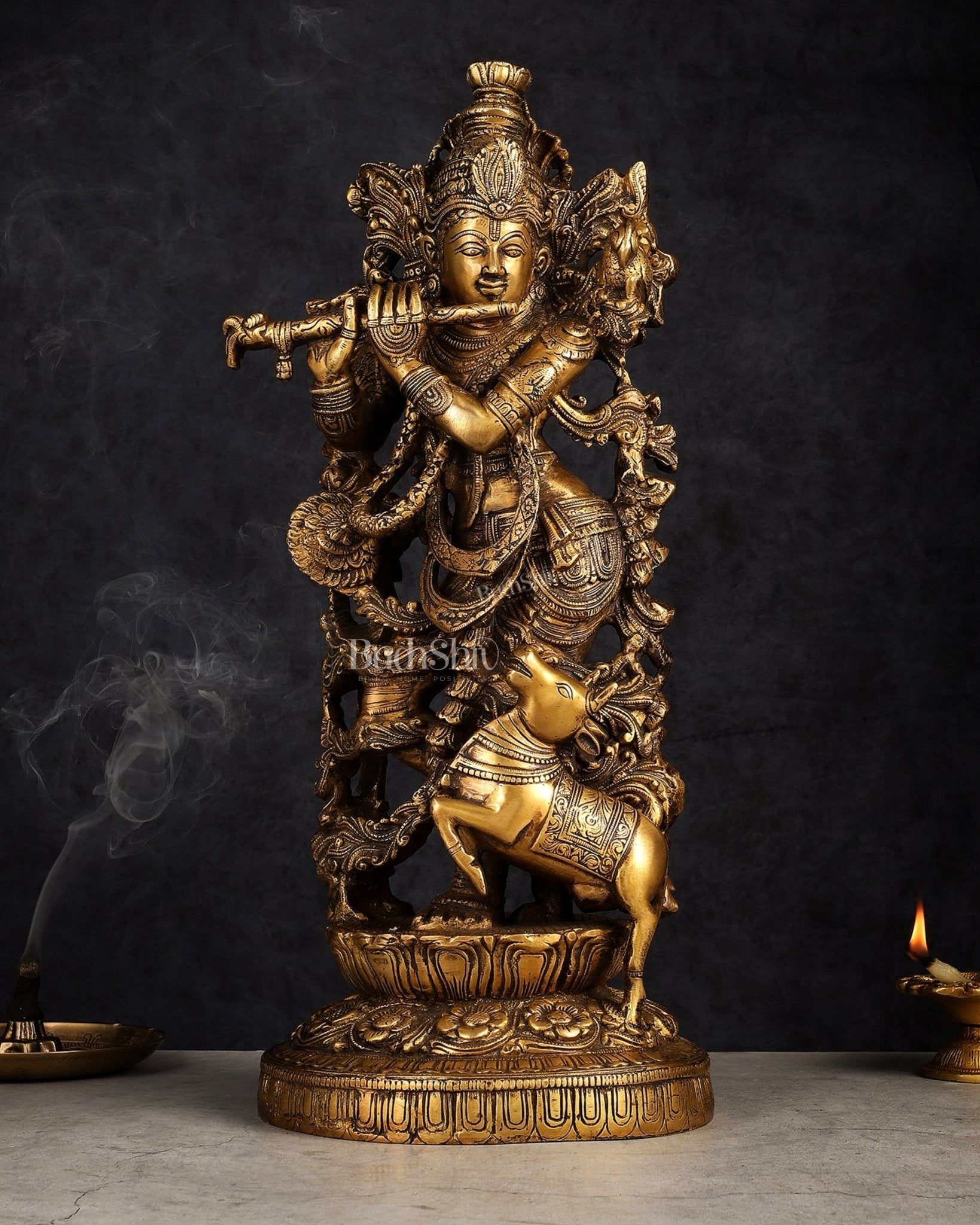 Handmade Brass Lord Krishna with Jumping Cow Statue - 18" - Budhshiv.com